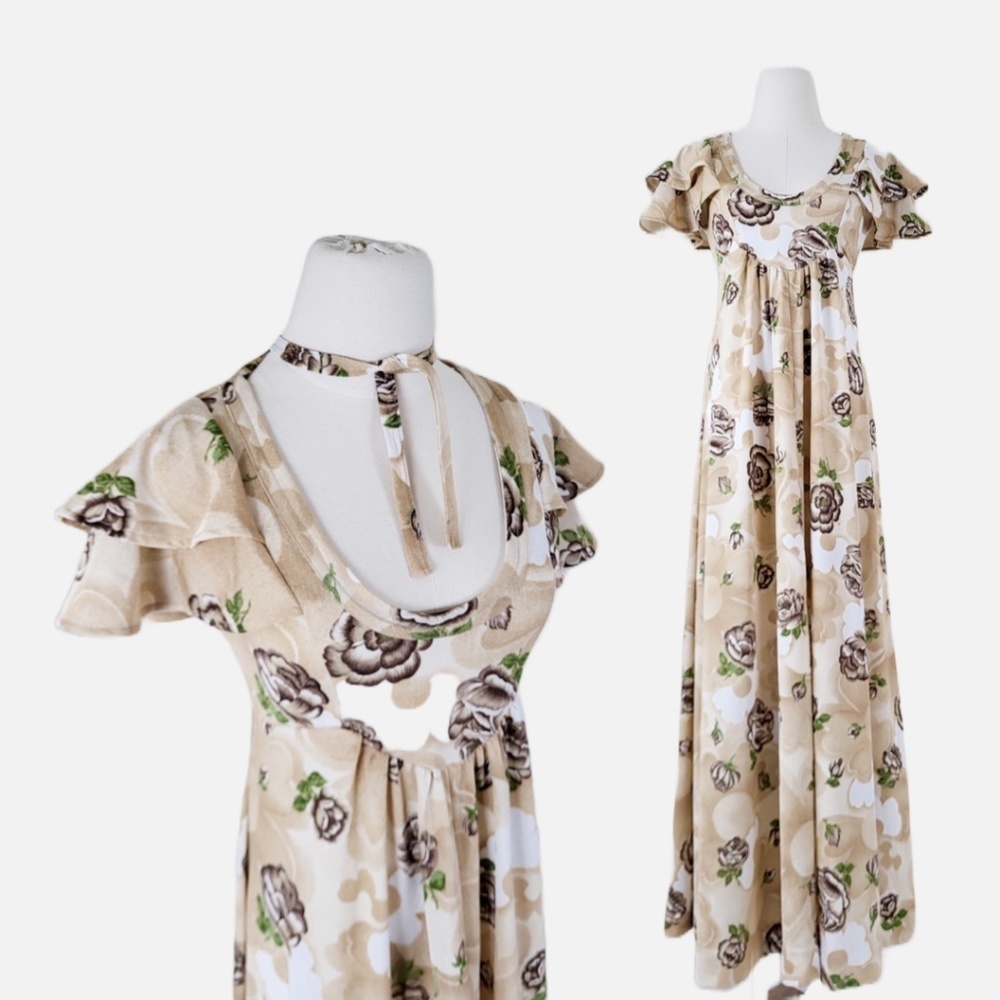 70's maxi dress neutral empire waist cap tulip sleeve floor-length long scoop